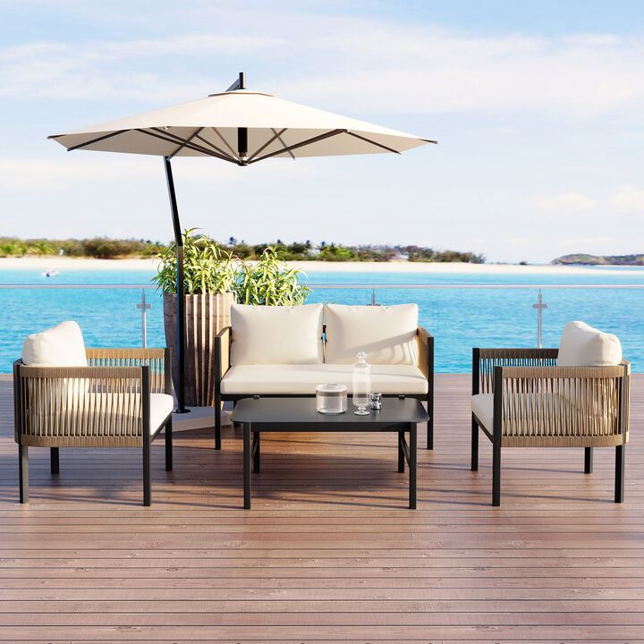 Mondawe Outdoor Garden Patio Sectional Modular Multi-person Sofa Set,W/ Rattan Sofa & Glass Table