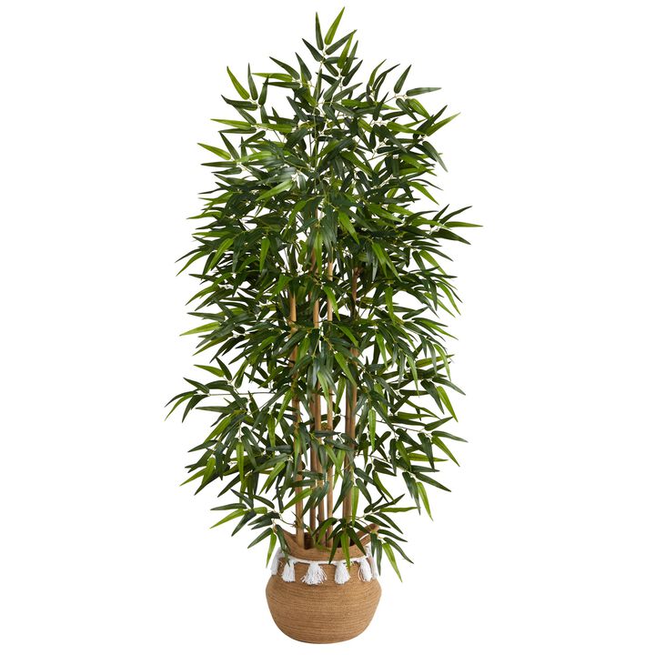 Hivvago 64 Inches Bamboo Artificial Tree with Natural Bamboo Trunks in Boho Chic Handmade Natural Cotton Woven Planter with Tassels