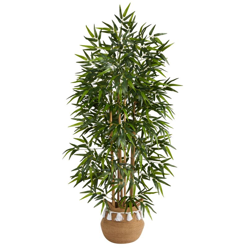 Hivvago 64 Inches Bamboo Artificial Tree with Natural Bamboo Trunks in Boho Chic Handmade Natural Cotton Woven Planter with Tassels