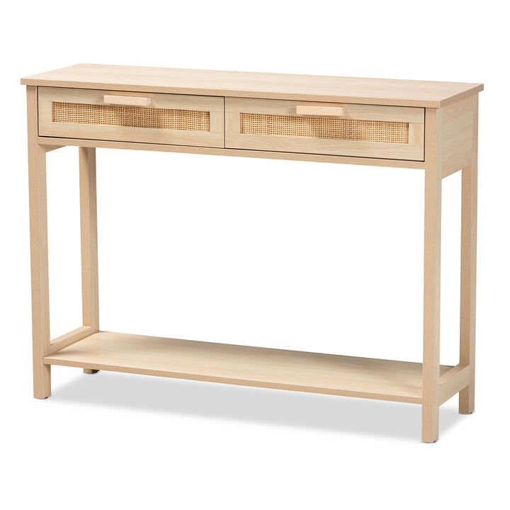 Baxton Studio Sebille Mid Century Light Brown Finished 2 Drawer Console Rattan Table