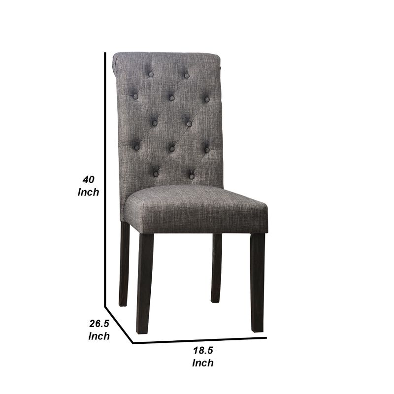27 Inch Fabric Dining Chair, Button Tufted Rolled Back, Wood, Gray - Benzara