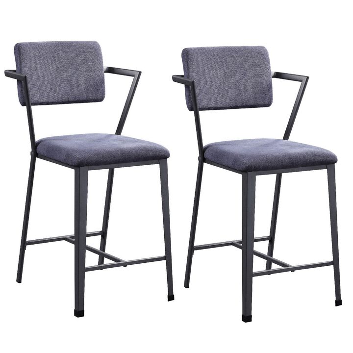 Fabric Upholstered Metal Counter Height Chair, Set of 2,Gray and Black-Benzara
