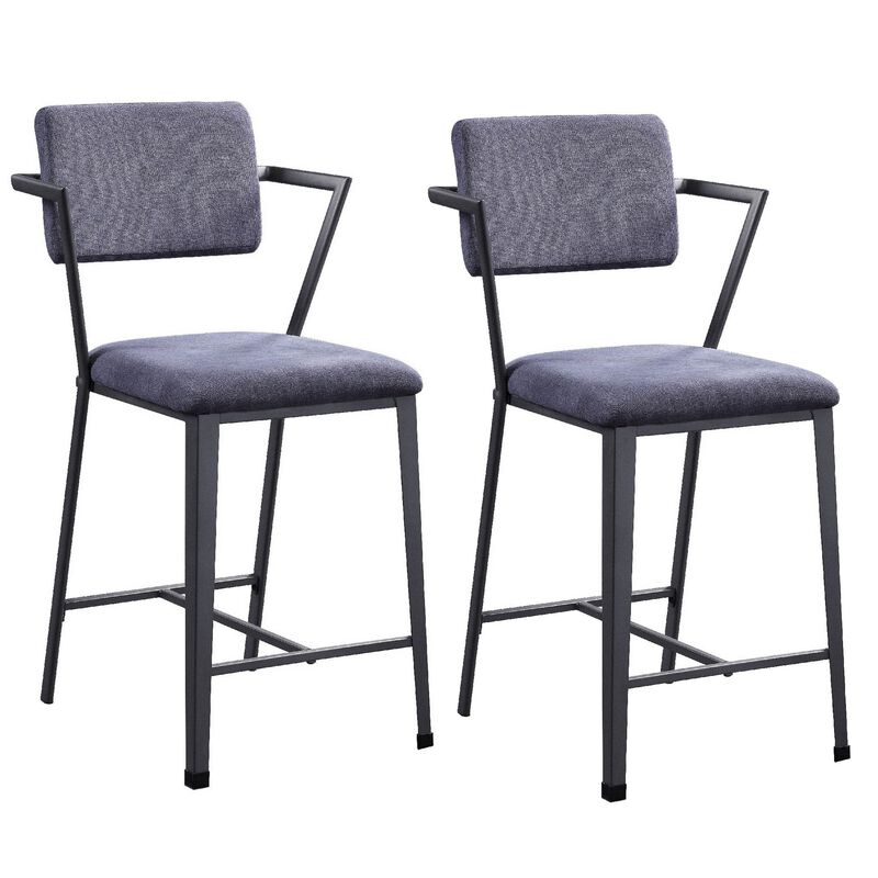 Fabric Upholstered Metal Counter Height Chair, Set of 2,Gray and Black-Benzara