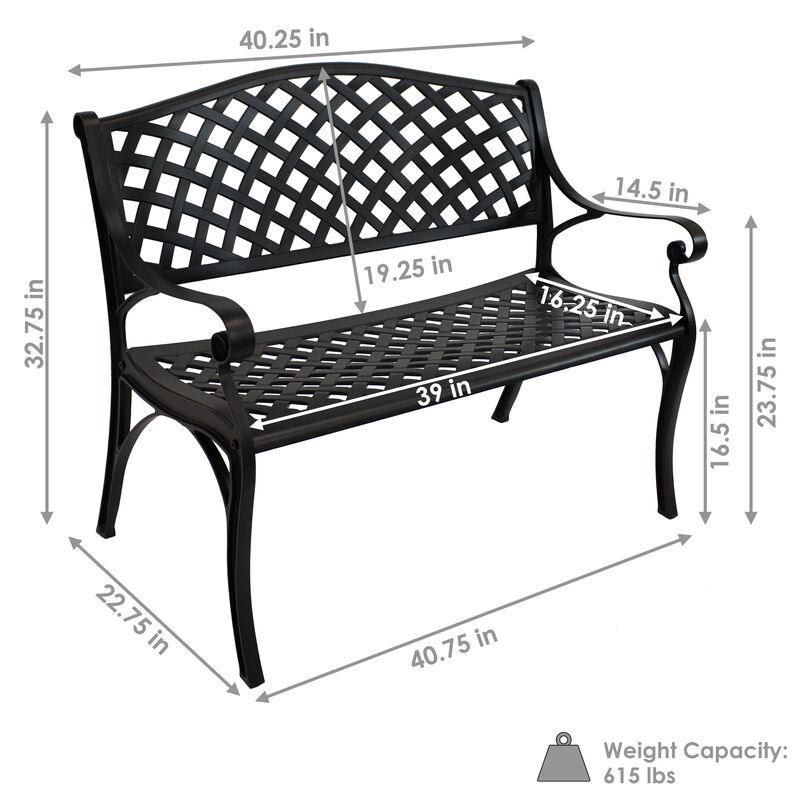 Sunnydaze 2-Person Checkered Cast Aluminum Outdoor Garden Bench - Black