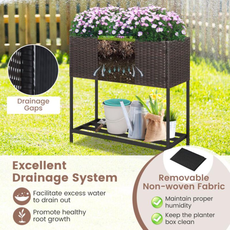 Hivvago Wicker Raised Garden Bed with Storage Shelf and Removable Liner for Flowers