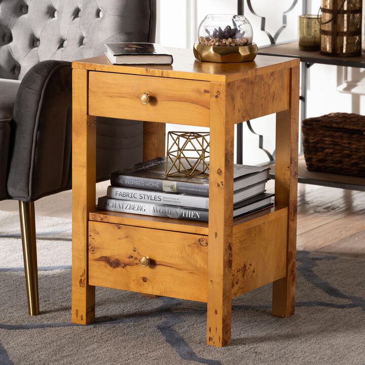 bali & pari Azmi Modern and Contemporary Natural Light Mappa Burl Wood 2 Drawer Nightstand