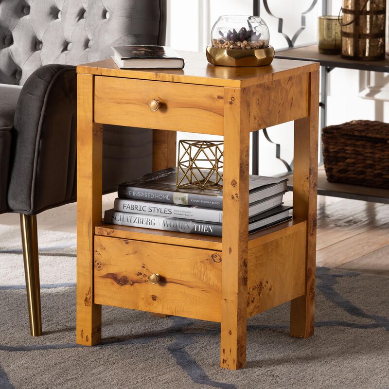 bali & pari Azmi Modern and Contemporary Natural Light Mappa Burl Wood 2 Drawer Nightstand