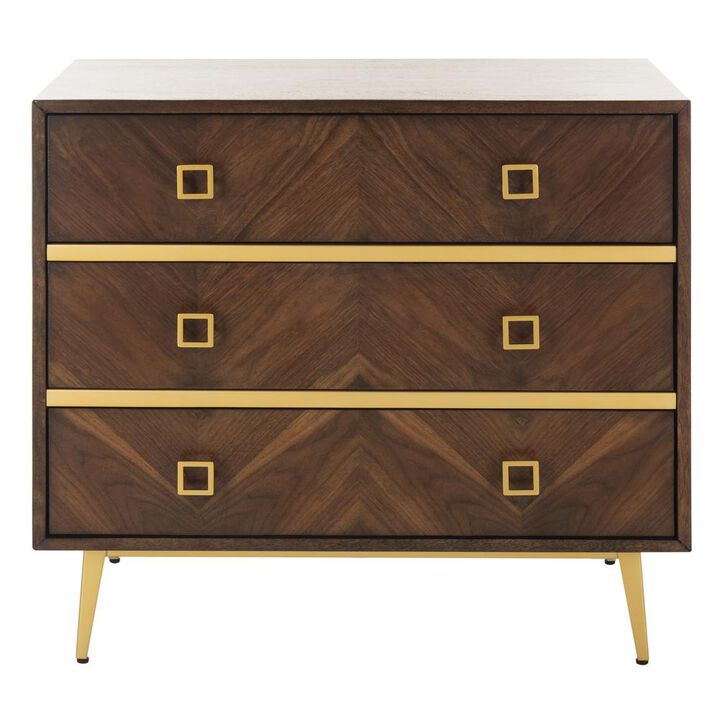 Safavieh Katia 3 Drawer Chest, Walnut Parquet/Gold