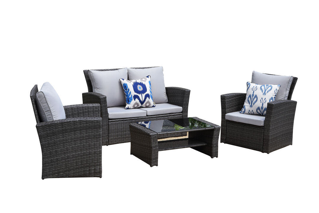 4-Pieces PE Rattan Wicker Outdoor Patio Furniture Set With Grey Cushions