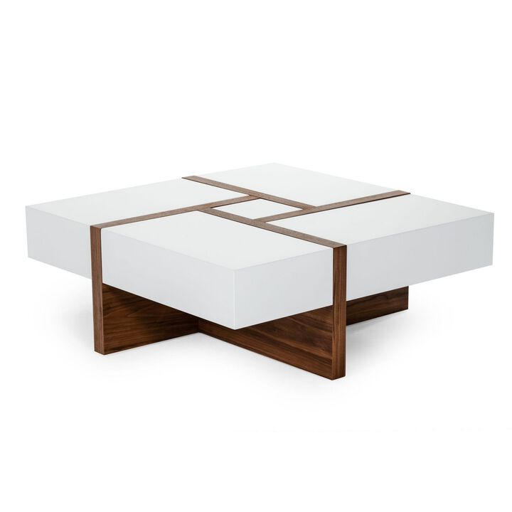 Cid 39 Inch Modern Wood Coffee Table, Puzzle Top Storage, White, Walnut-Benzara