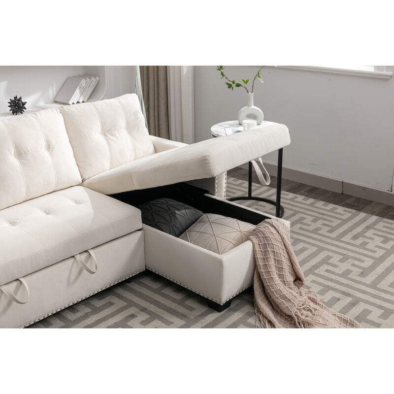 77" Reversible Sleeper Sectional With Storage, Beige Velvet