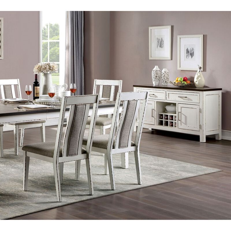 Weathered White Side Chairs Set, Fabric Upholstered
