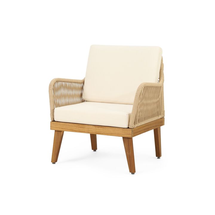Oud Accent Club Chair, Ivory Cushions, Rope Weaving, Brown Acacia Wood - Benzara