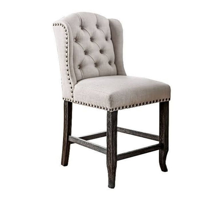 Bega 24 Inch Counter Height Chair, Set of 2, Wingback, Tufted, Light Gray-Benzara