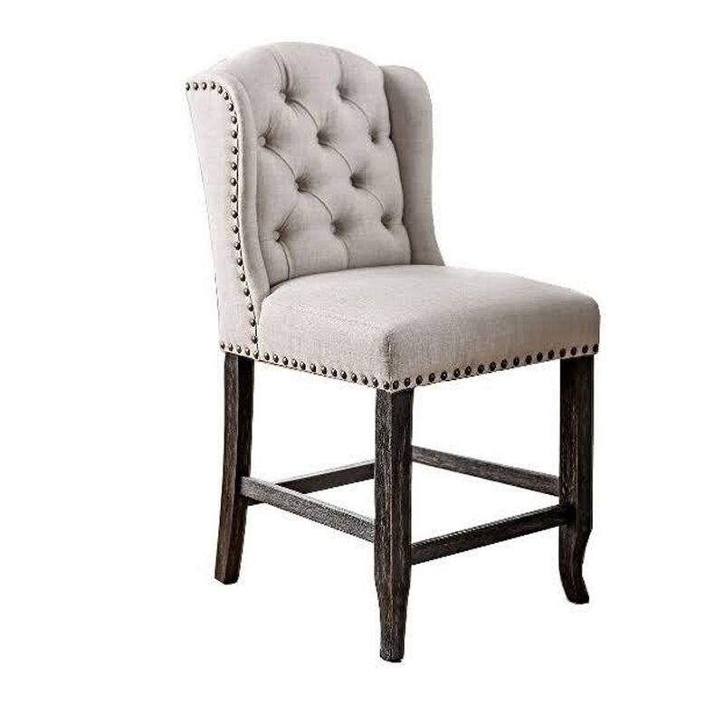 Bega 24 Inch Counter Height Chair, Set of 2, Wingback, Tufted, Light Gray-Benzara