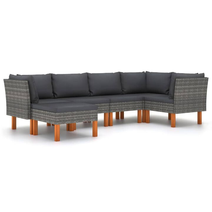Casey Outdoor 6pc Modular Lounge Sofa Set, Gray Rattan, Solid Wood - Benzara