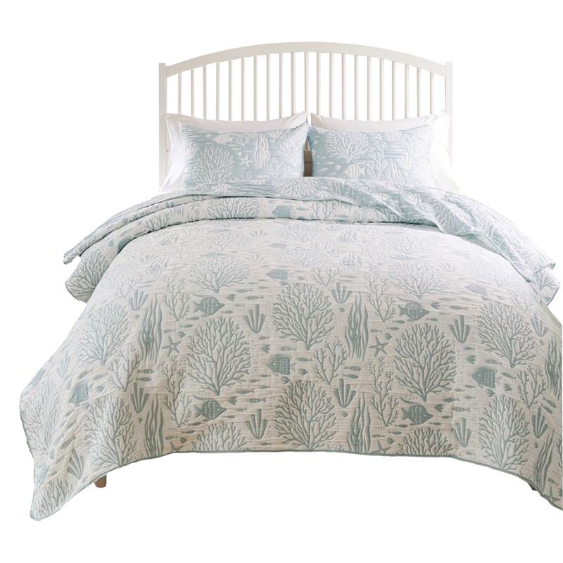 Amy 3pc Full Queen Coverlet Pillow Sham Set, Coastal Design Seafoam Blue