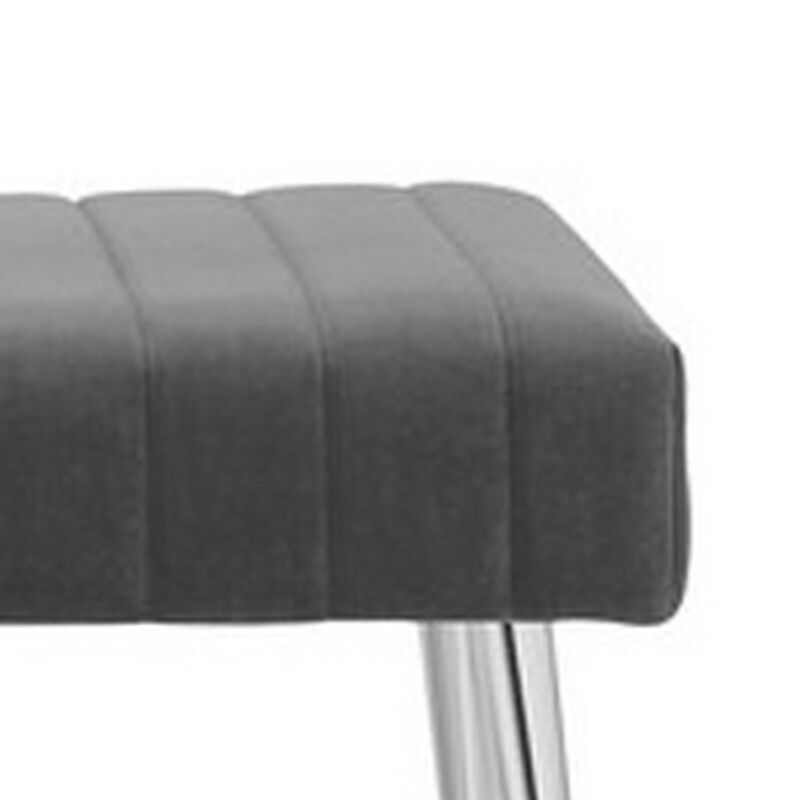Lida 45 Inch Bench, Modern Tufted Lines, Gray Soft Velvet, Chrome Metal - Benzara