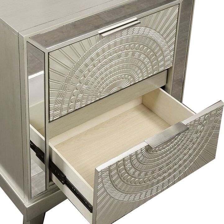 Pok 28 Inch Modern 2 Drawer Nightstand, Beveled Mirror Trim, Champagne-Benzara