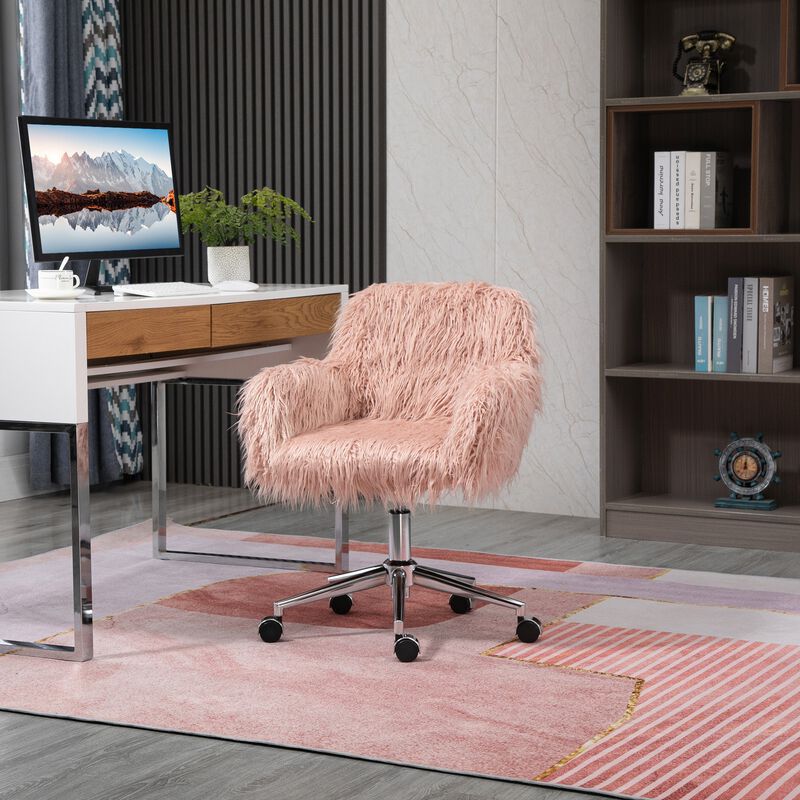 Pink Office Comfort: Faux Fur Swivel Vanity Chair with Wheels