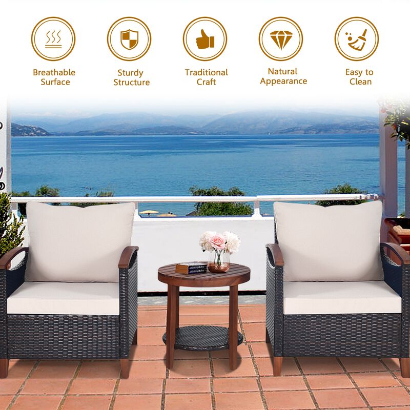 3 Pieces Patio Rattan Furniture Set with Washable Cushion and Acacia Wood Tabletop