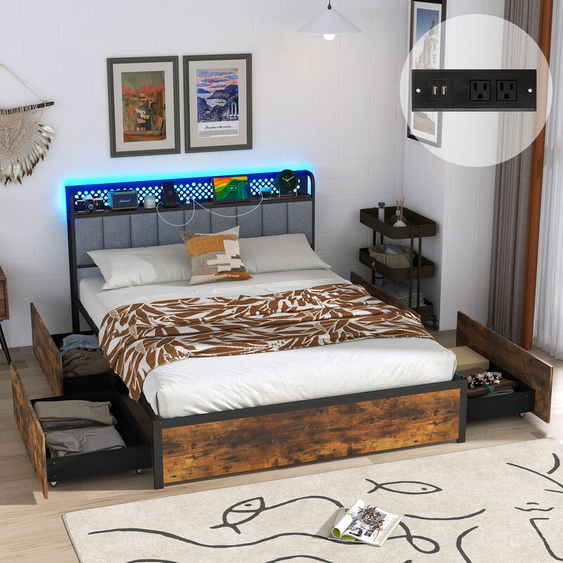 Bed Frame with LED Lights  Upholstered Headboard and 4 Storage Drawers