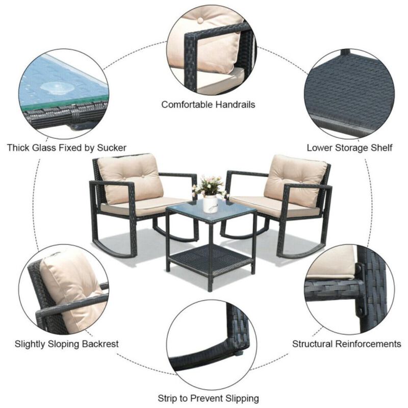 Hivvago 3 Pieces Cushioned Patio Rattan Set with Rocking Chair and Table
