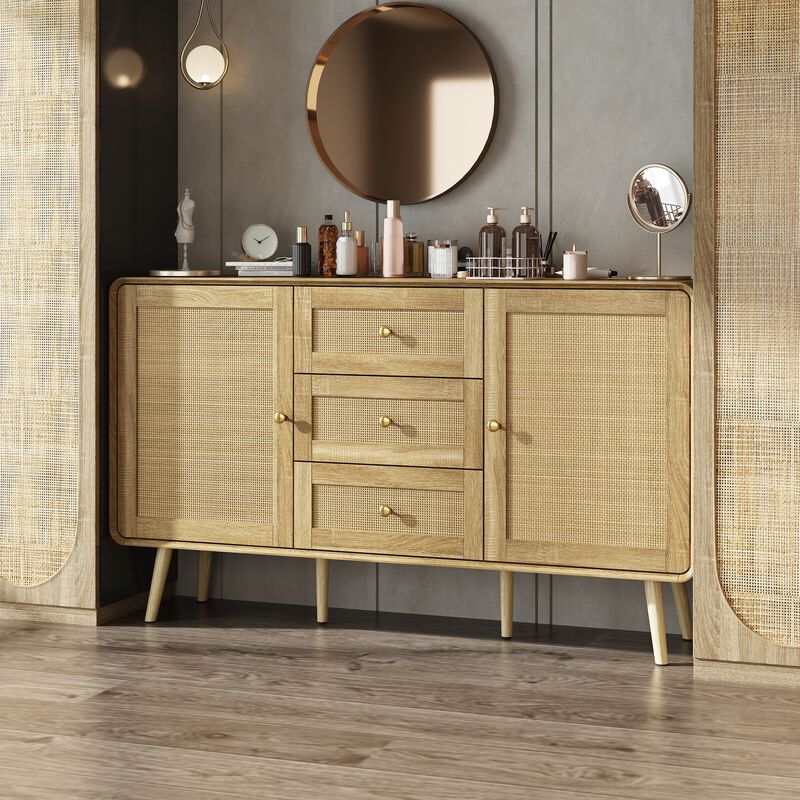 FUFU&GAGA Modern Rattan Dresser with Gold Handles & Legs, 3 Drawers & 2 Cabinets, Natural Wood Finish (55.1" W x 13.8" D x 32.1" H),White