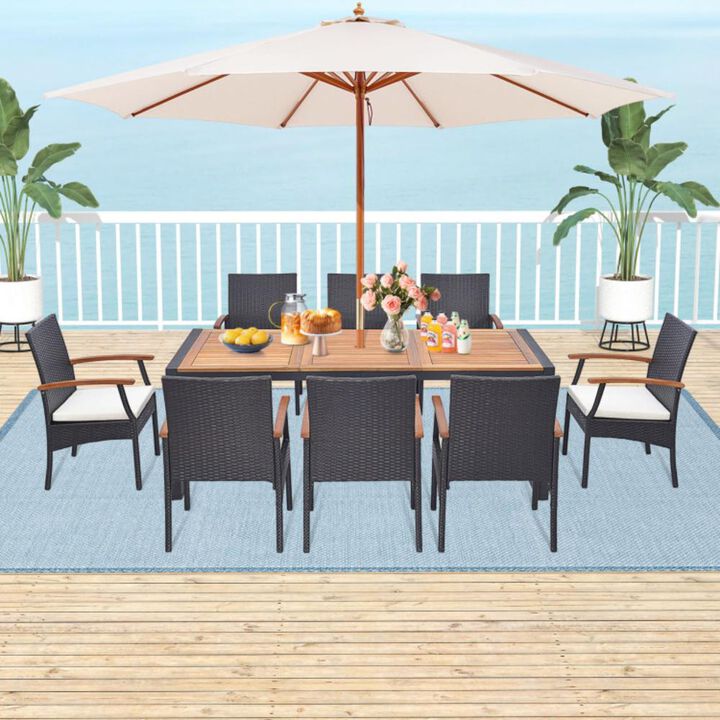 Hivvago 9 Pieces  Patio Rattan Dining Set with Acacia Wood Table for Backyard  Garden-Wood Handrail