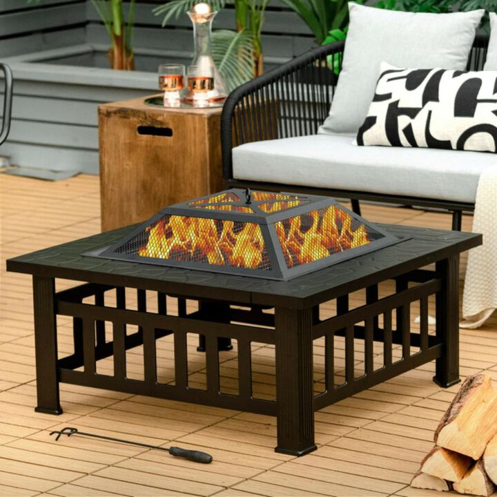 Hivvago 32 Inch 3 in 1 Outdoor Square Fire Pit Table with BBQ Grill and Rain Cover for Camping