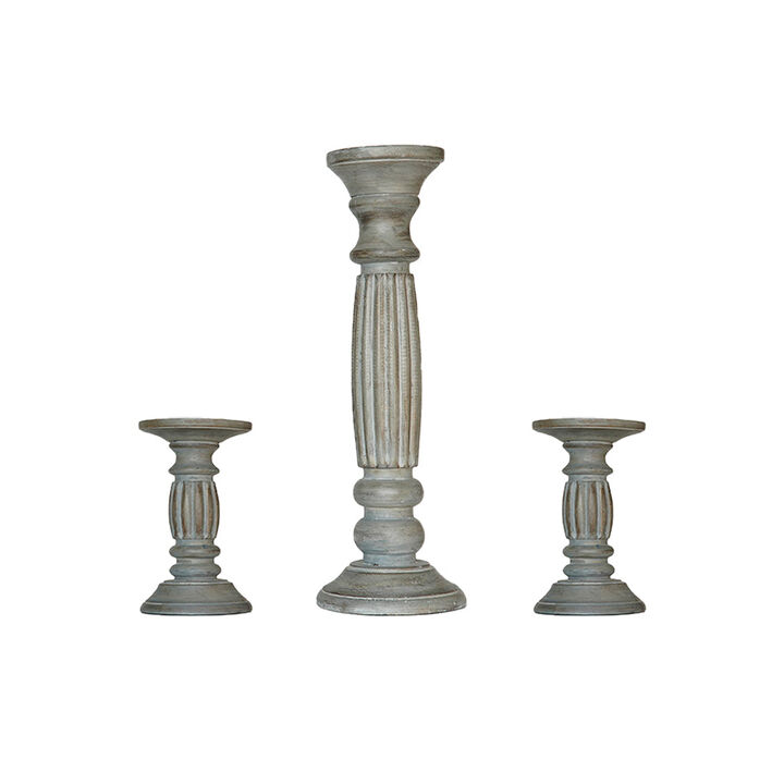 Traditional Antique Dusk Eco-friendly Handmade Mango Wood Set Of Three 6",15" & 6" Pillar Candle Holder