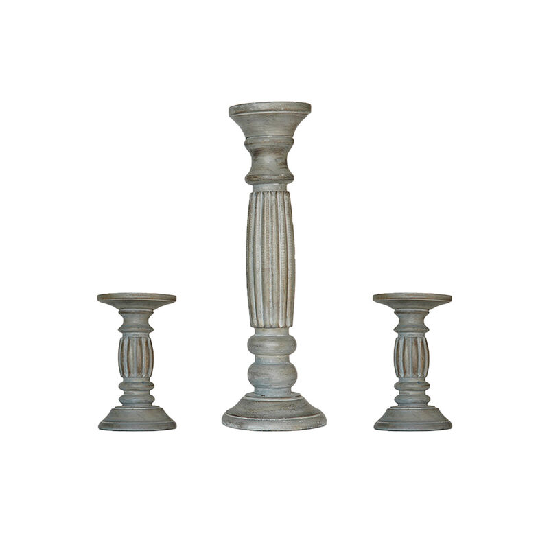 Traditional Antique Dusk Eco-friendly Handmade Mango Wood Set Of Three 6",15" & 6" Pillar Candle Holder