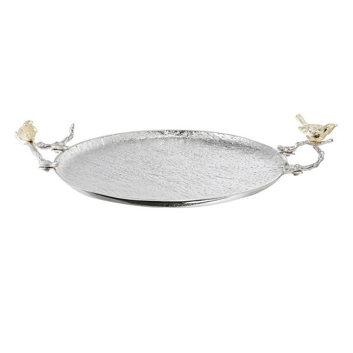 21 Inch Decorative Tray Set of 2, Perched Birds Silver Metal, Large-Benzara
