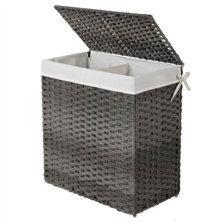 PP Rattan 29-Gal Laundry Hamper Basket with 2-Compartment Washable Liner Bag