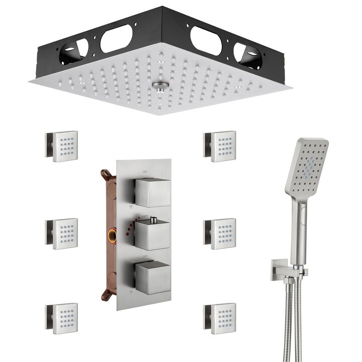 Mondawe 64 Colors LED Light 3 Functions 6 Sprays Flush Ceiling Mounted Thermostatic Shower System with 6 Body Jets and Rough-in Valve in Brushed Gold