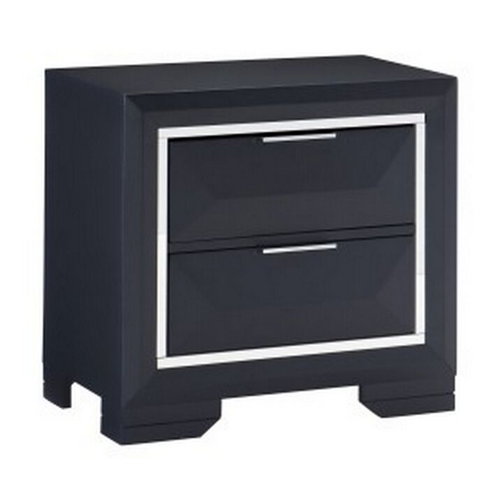 Rosy 27 Inch Nightstand, 2 Drawers, Chrome Accents, Midnight Blue Wood - Benzara