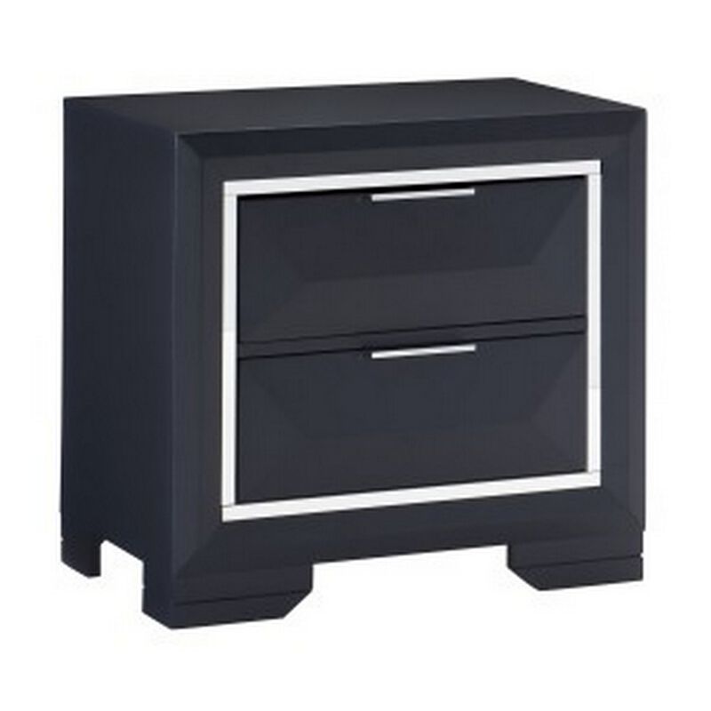 Rosy 27 Inch Nightstand, 2 Drawers, Chrome Accents, Midnight Blue Wood - Benzara