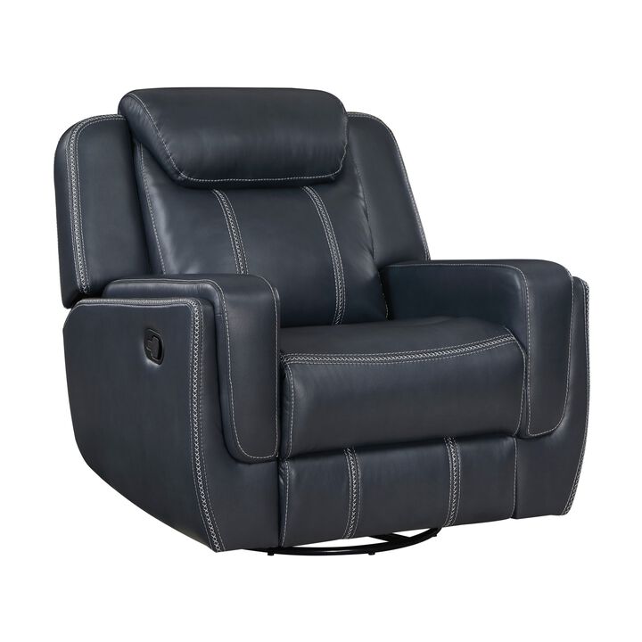 Louise 40 Inch Swivel Glider Manual Recliner Chair, Blue Faux Leather - Benzara