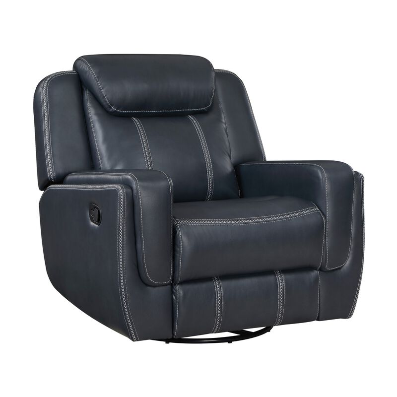 Louise 40 Inch Swivel Glider Manual Recliner Chair, Blue Faux Leather - Benzara
