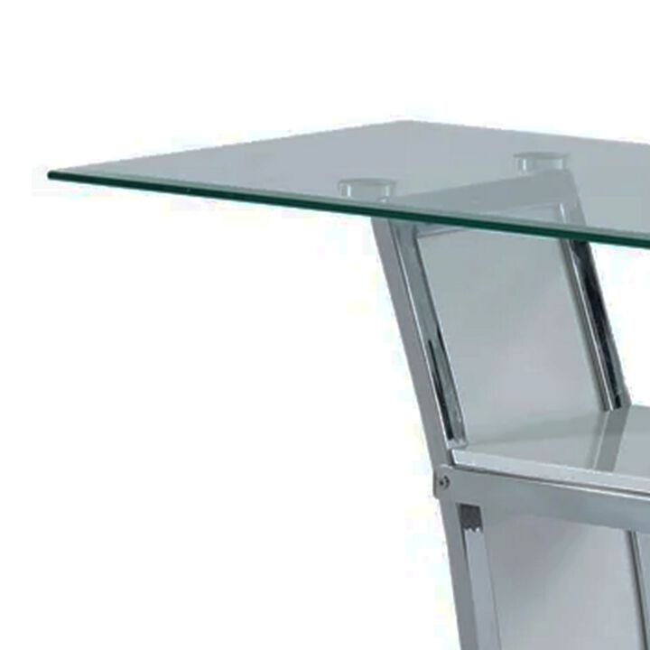 Sofa Table with Chrome Trimmed Curved Sides and Open Bottom Shelf, White-Benzara