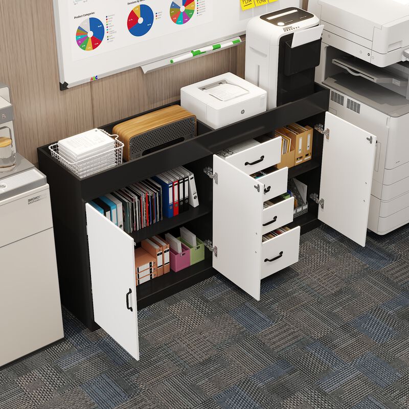 FUFU&GAGA Black and White Bookshelf with 4 Drawers and 3 Doors, Particle Board Construction with Laminate Finish (47.2" W x 31.5" H x 15.7" D), White