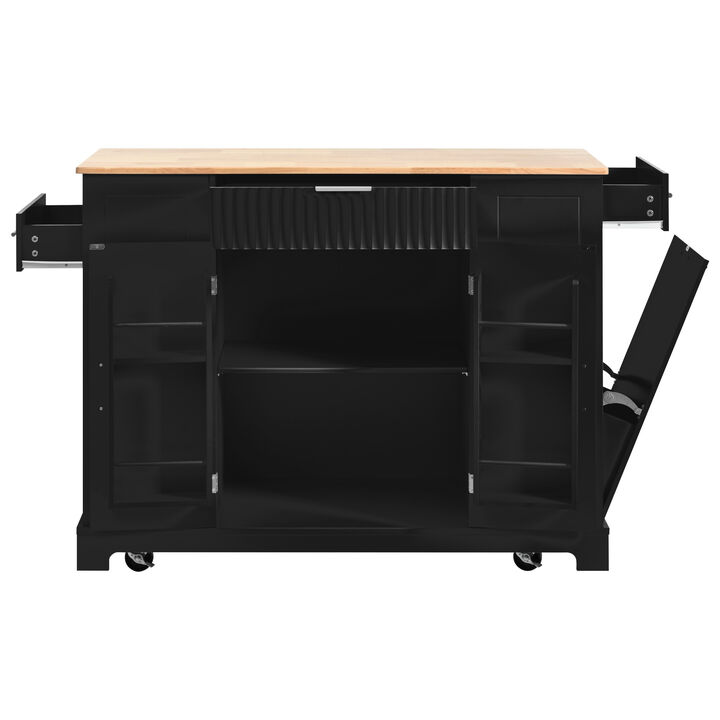 Merax Fluted Kitchen Island with Trash Can Storage Cabinet