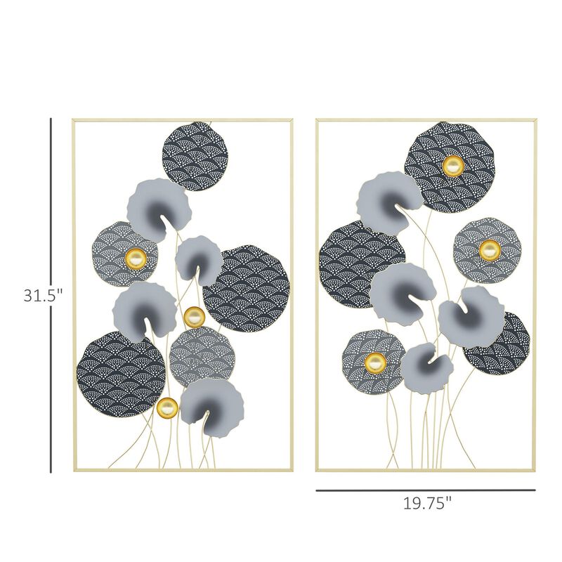 Grey/Gold Wall Art: 3D Metal Lotus Leaves Set for Room Decor