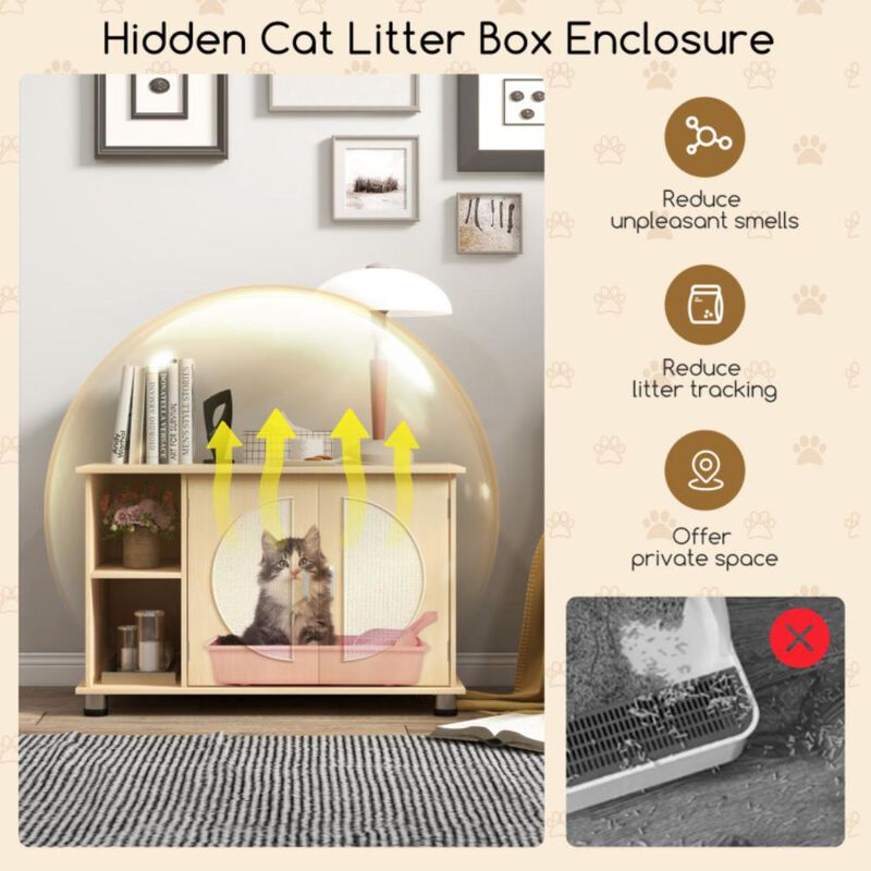 Hivvago Cat Litter Box Enclosure with Sisal Scratching Doors and Adjustable Metal Feet-Natural