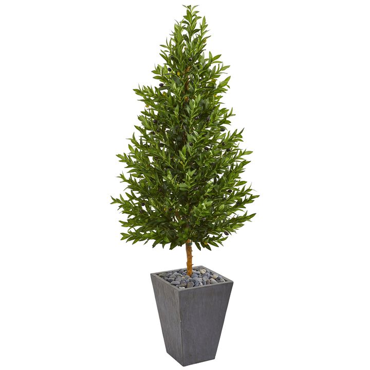 Hivvago 67 Inches Olive Cone Topiary Artificial Tree in Slate Planter UV Resistant (Indoor/Outdoor)
