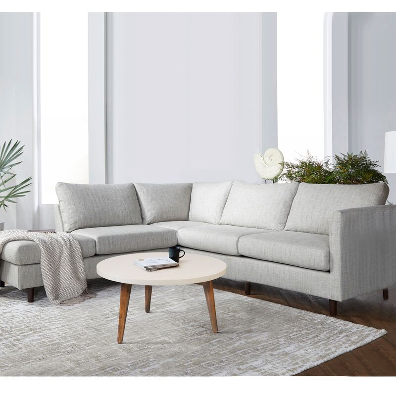 24 Inch Modern Coffee Table, Round Off White MDF Top, Tapered Brown Mango Wood Legs-Benzara