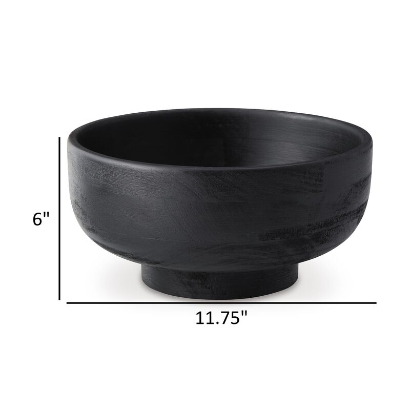 Nya 12 Inch Tabletop Decorative Bowl, Pedestal Round Base, Black Wood - Benzara