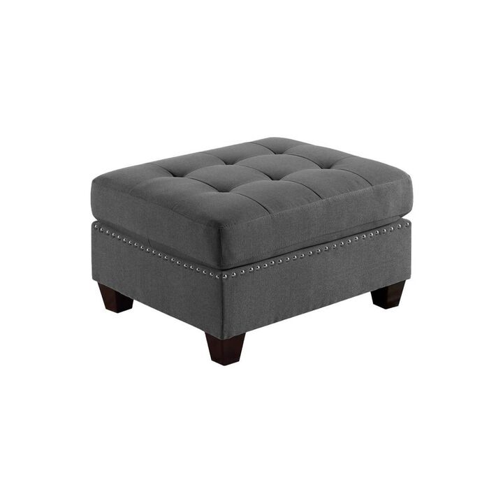 Grey Tufted Ottoman with Nailhead Trim and Wooden Legs