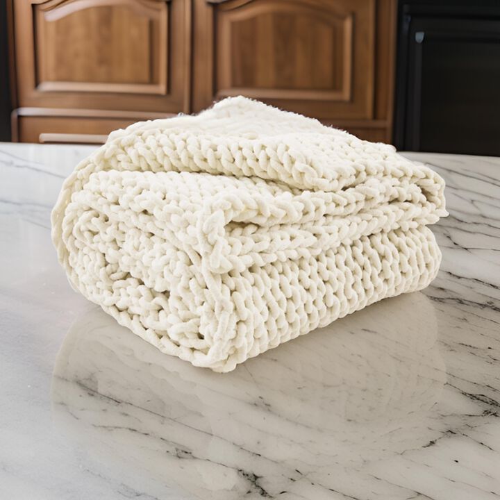 Deme Throw Blanket Set of 3, Hand Knitted Soft Chunky Chenille, Ivory White - Benzara