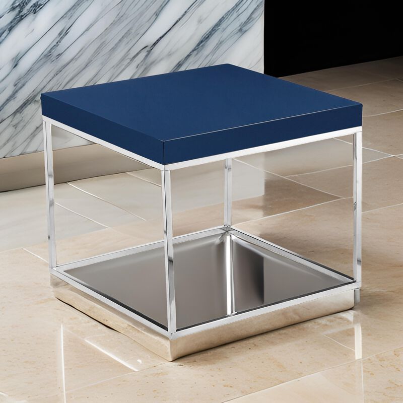 Zen 24 Inch Side End Table, Square, Polished Blue Top, Chrome Metal Finish - Benzara